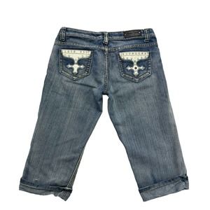 Friction Jeans Juniors 5 Blue Denim Capri Cuffed Low Rise Cropped Rhinestones